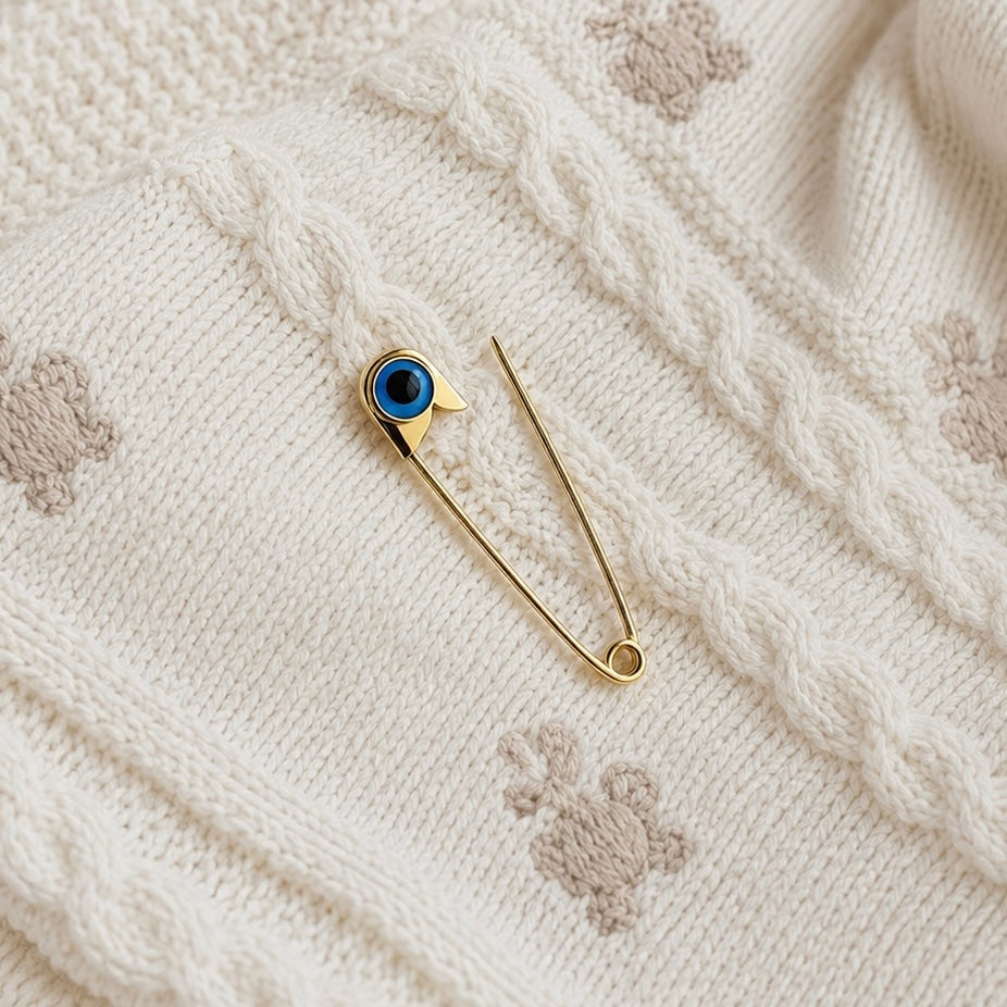 Sterling Silver Safety Pin Evil Eye Baby Protection Brooch Gold Plated on a soft fabric - 24jewels