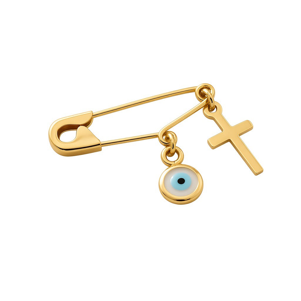Sterling Silver Safety Pin Evil Eye Brooch Gold Plated On White Background :Religious Baby Jewellery - 24jewels