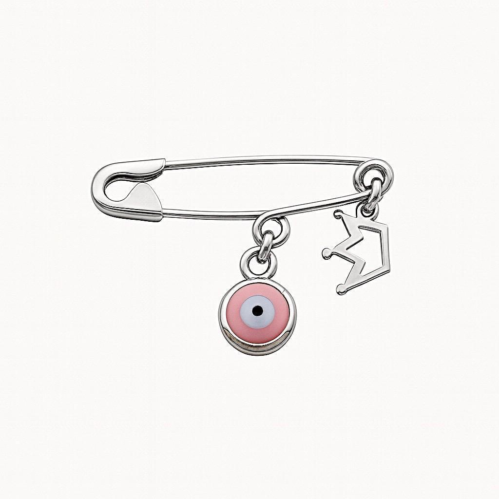 Sterling Silver Safety Pin Evil Eye Brooch With Crown on white background - 24jewels