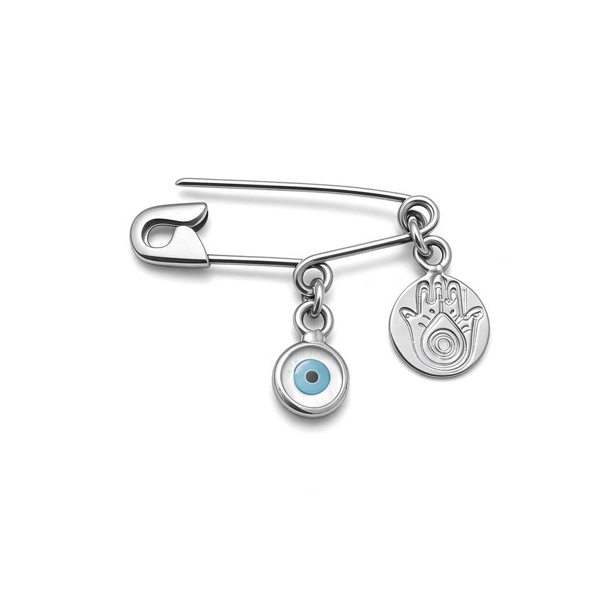 Sterling Silver Safety Pin Evil Eye Brooch With Hamsa Charm: Protection Baby Jewellery - 24jewels