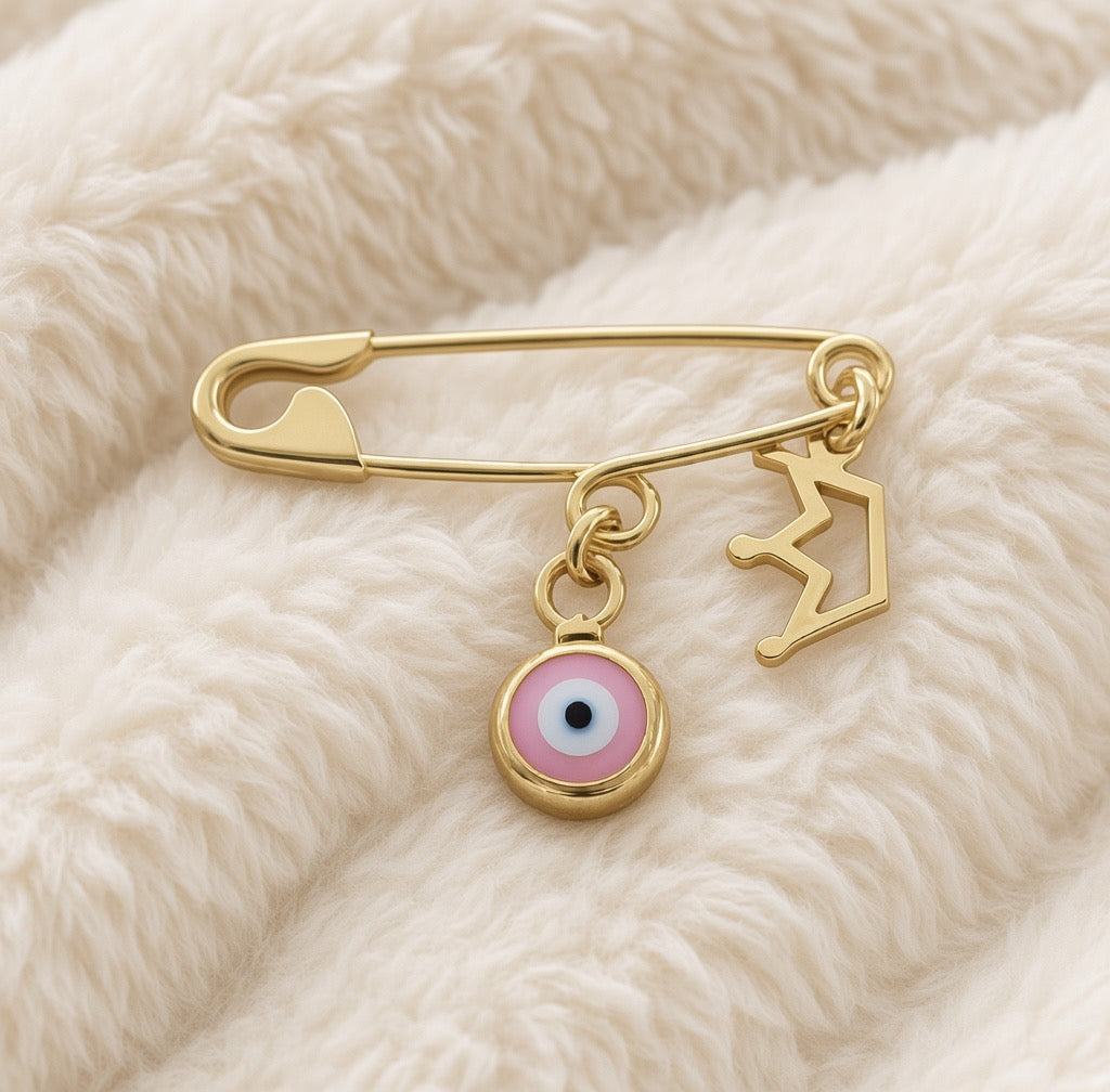 Sterling Silver Safety Pin Evil Eye Gold Plated Brooch With Crown on smooth baby blanket - 24jewels
