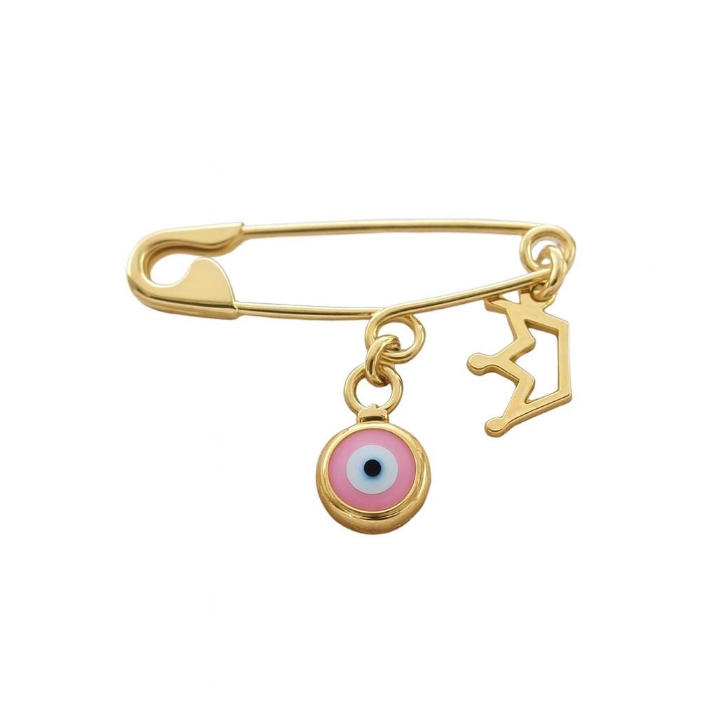Sterling Silver Safety Pin Evil Eye Gold Plated Brooch With Crown on white background - 24jewels