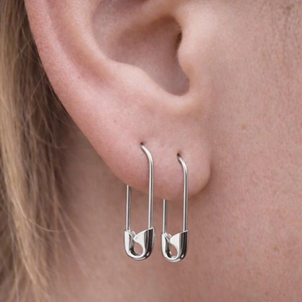 Sterling silver safety pin hoop earrings 3/4 inch on ear, minimalist edgy style.