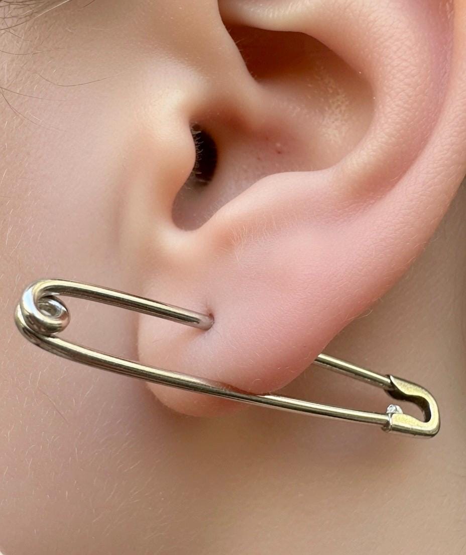 Sterling silver long safety pin earring, minimalist industrial 1.75-inch 16-gauge design worn on earlobe .