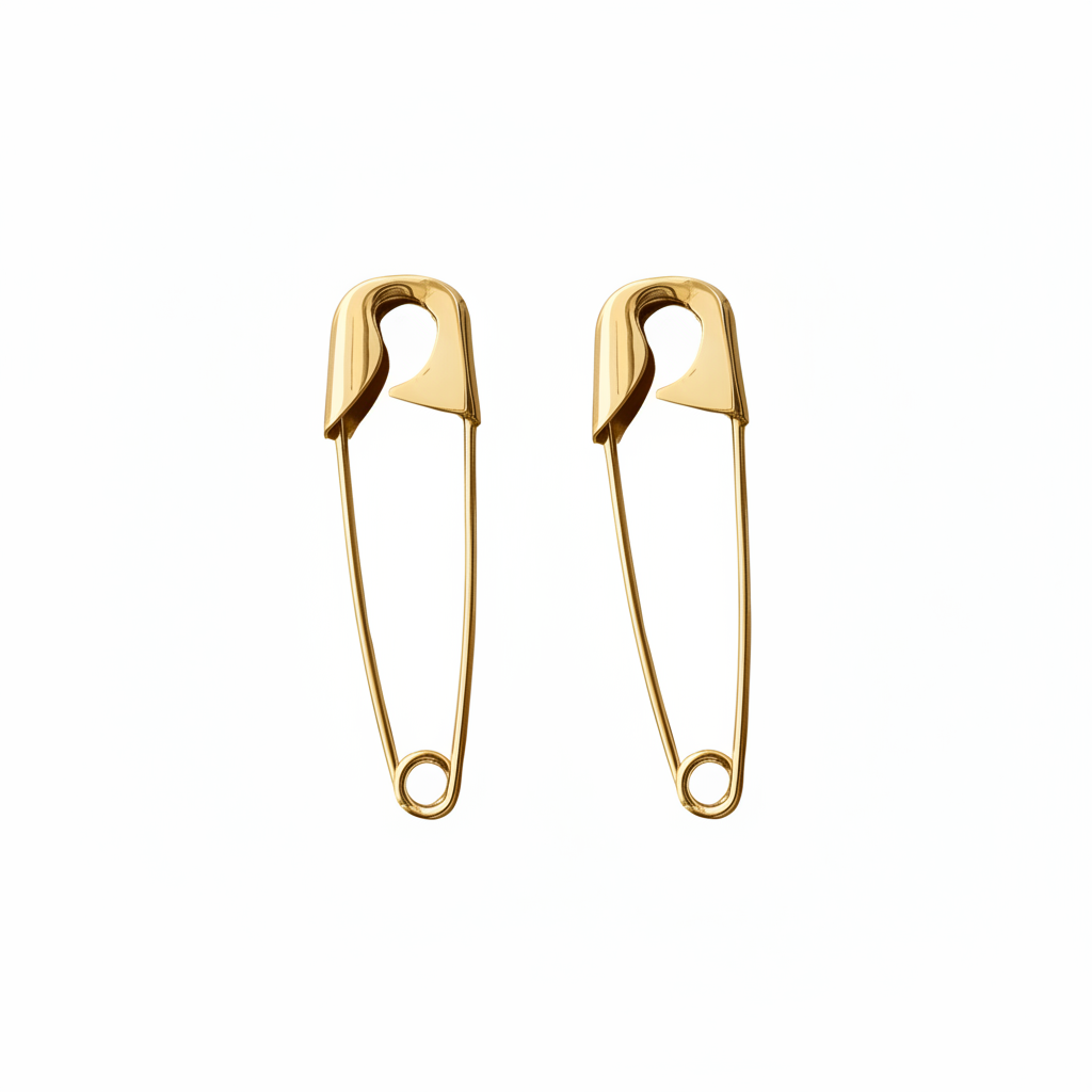 Gold plated shiny large safety pin earrings designed for cartilage and earlobe wear.