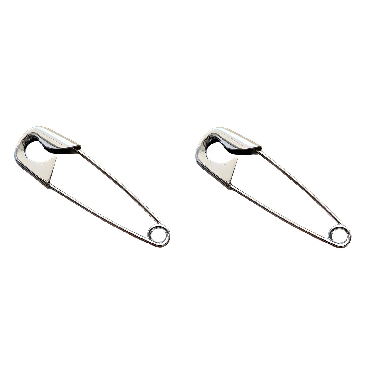Pair of large sterling silver safety pin earrings with shiny finish, 2 inches long on white background .