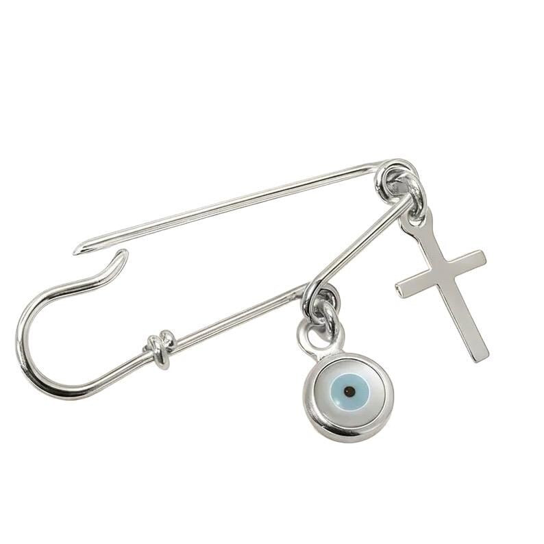 White Gold Evil Eye Safety Pin Cross Brooch 1.25” on white background - 24jewels