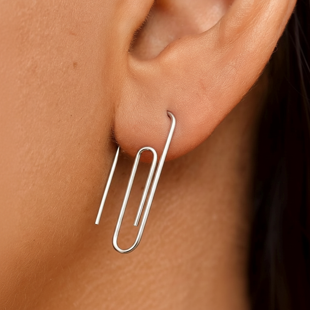 White Gold Paperclip Handcrafted Earring on Ear 1” - 24jewels