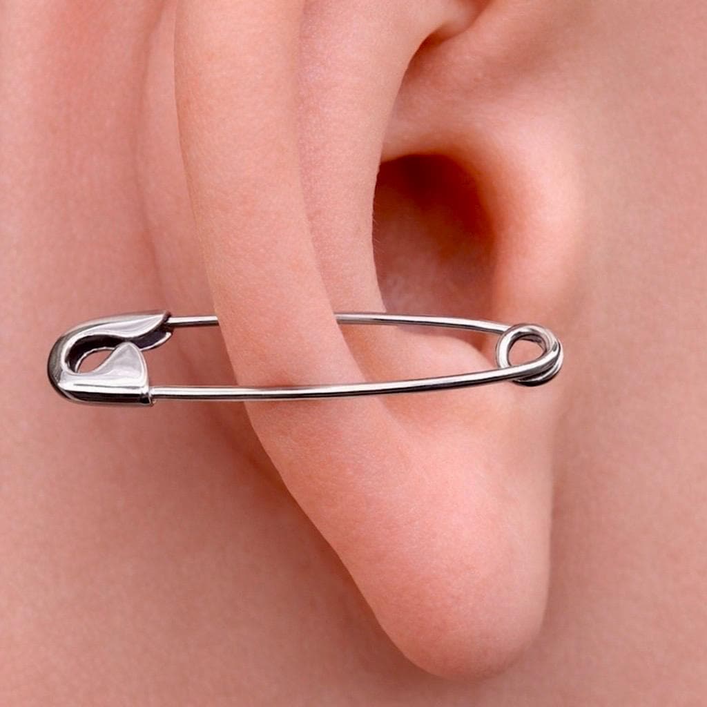 1-inch safety pin cartilage white gold earring worn on ear cartilage .