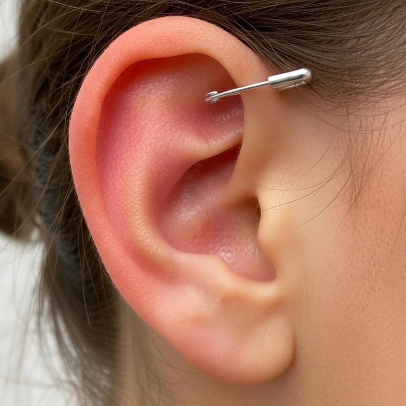 White Gold safety pin mini earring worn on upper ear cartilage.