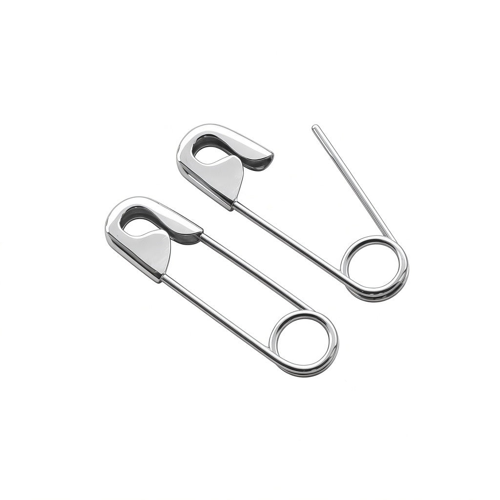 White Gold Safety Pin Earrings with sleek, minimalist design, 3/4 inch length.