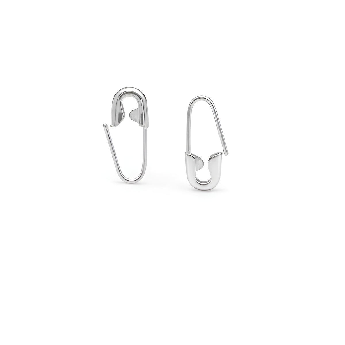 Pair of small silver safety pin-shaped mini hoop earrings with secure latch closure.