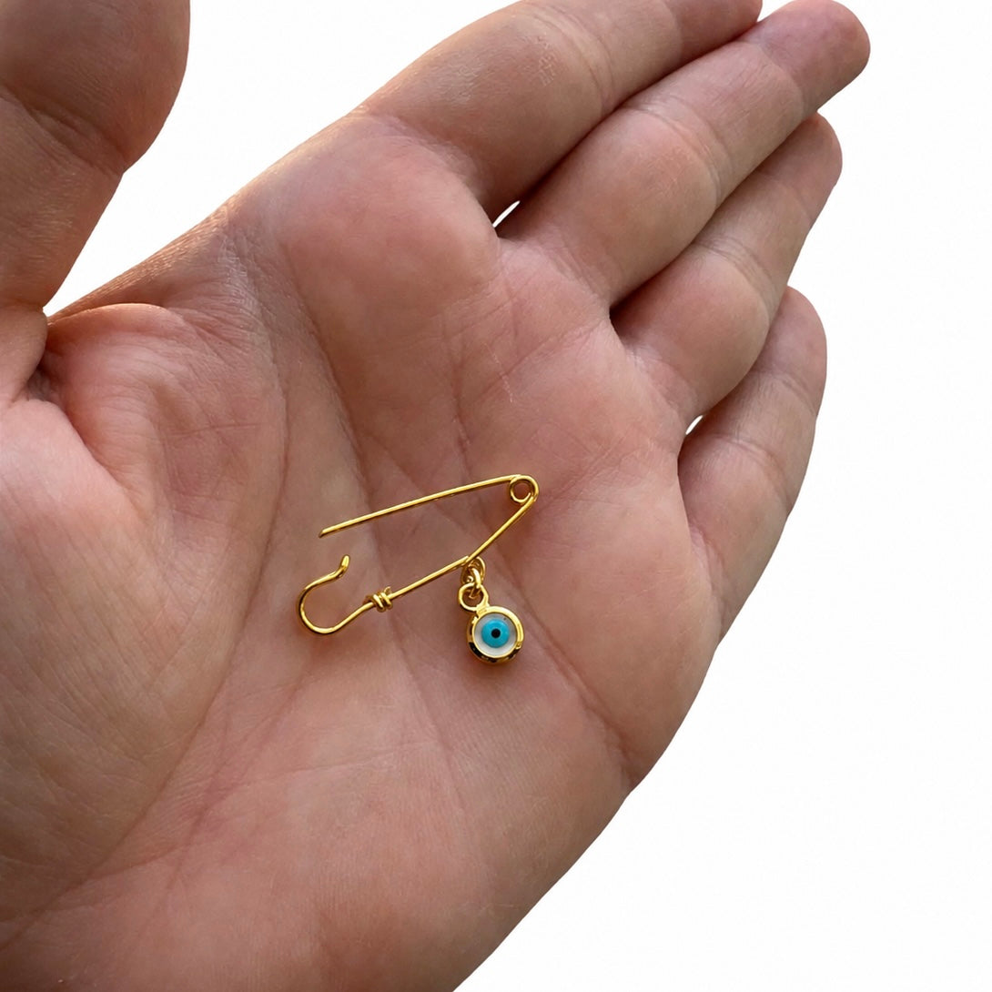 Gold Plated Evil Eye Baby Safety Pin – Greek Babtism Brooch In A Palm - 24jewels