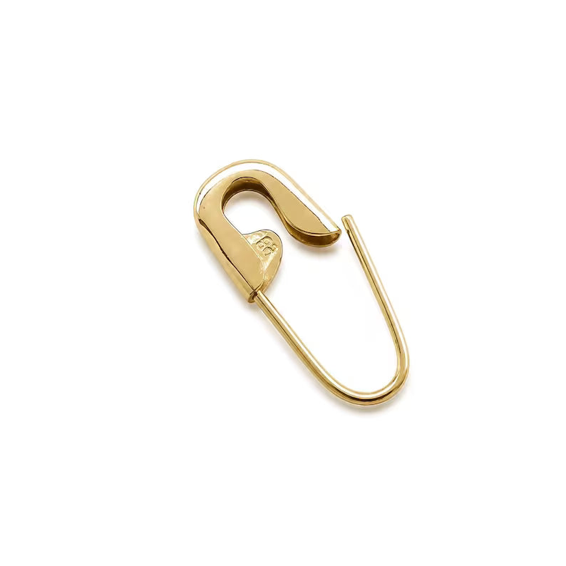 Yellow gold safety pin mini hoop earring with smooth polished finish on white background