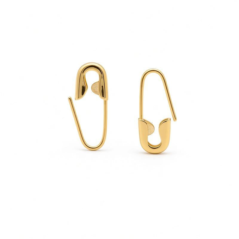 Pair of 14K yellow gold mini hoop earrings shaped like safety pins, 1/2 inch length.