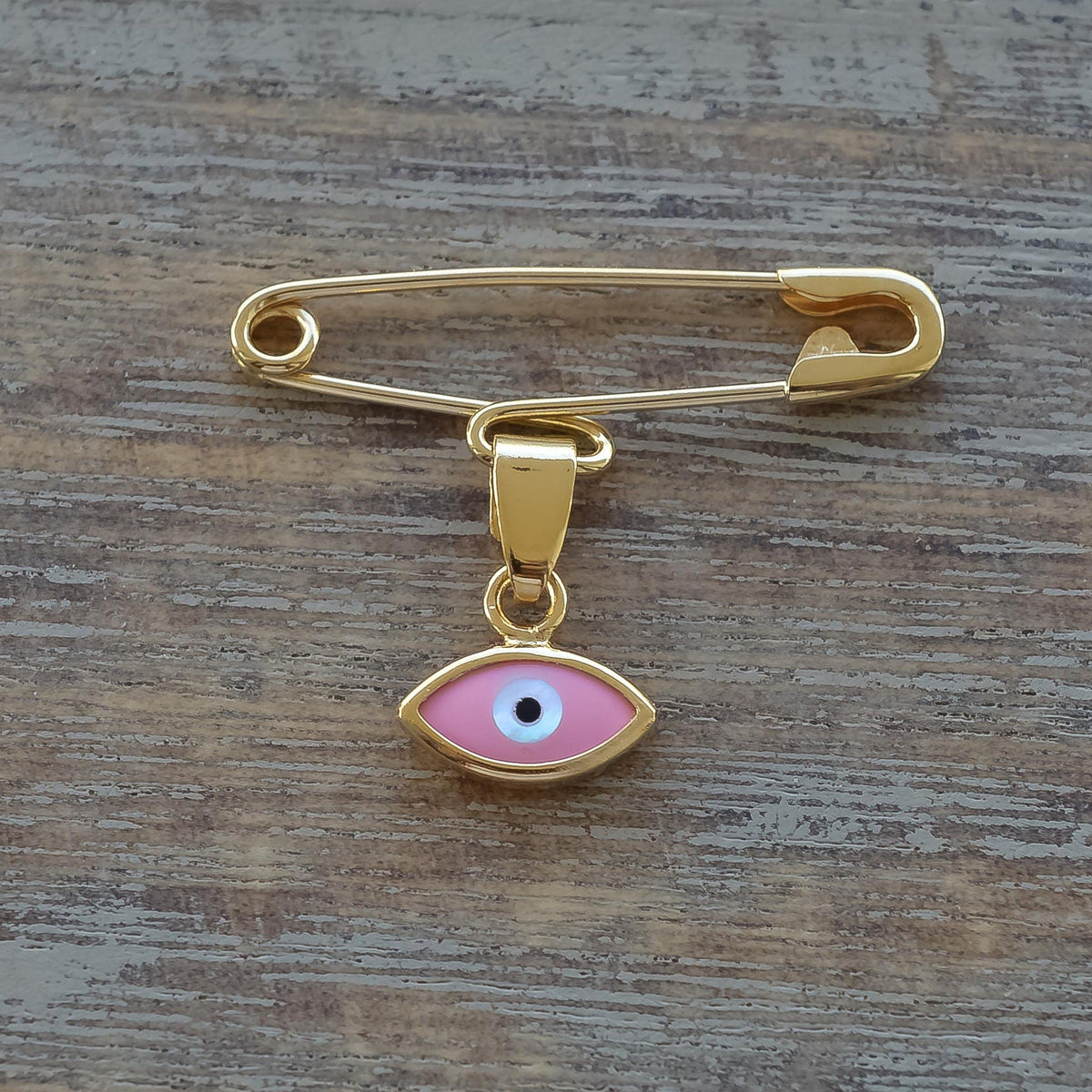 Sterling Silver Safety Pin Baby Brooch With Pink Evil Eye Charm - 24jewels