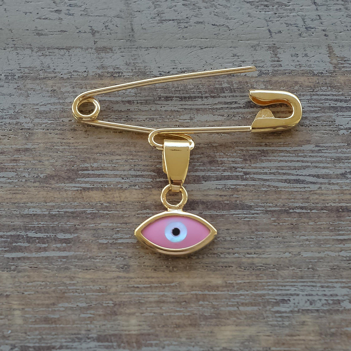 Sterling Silver Safety Pin Baby Brooch With Pink Evil Eye Charm - 24jewels