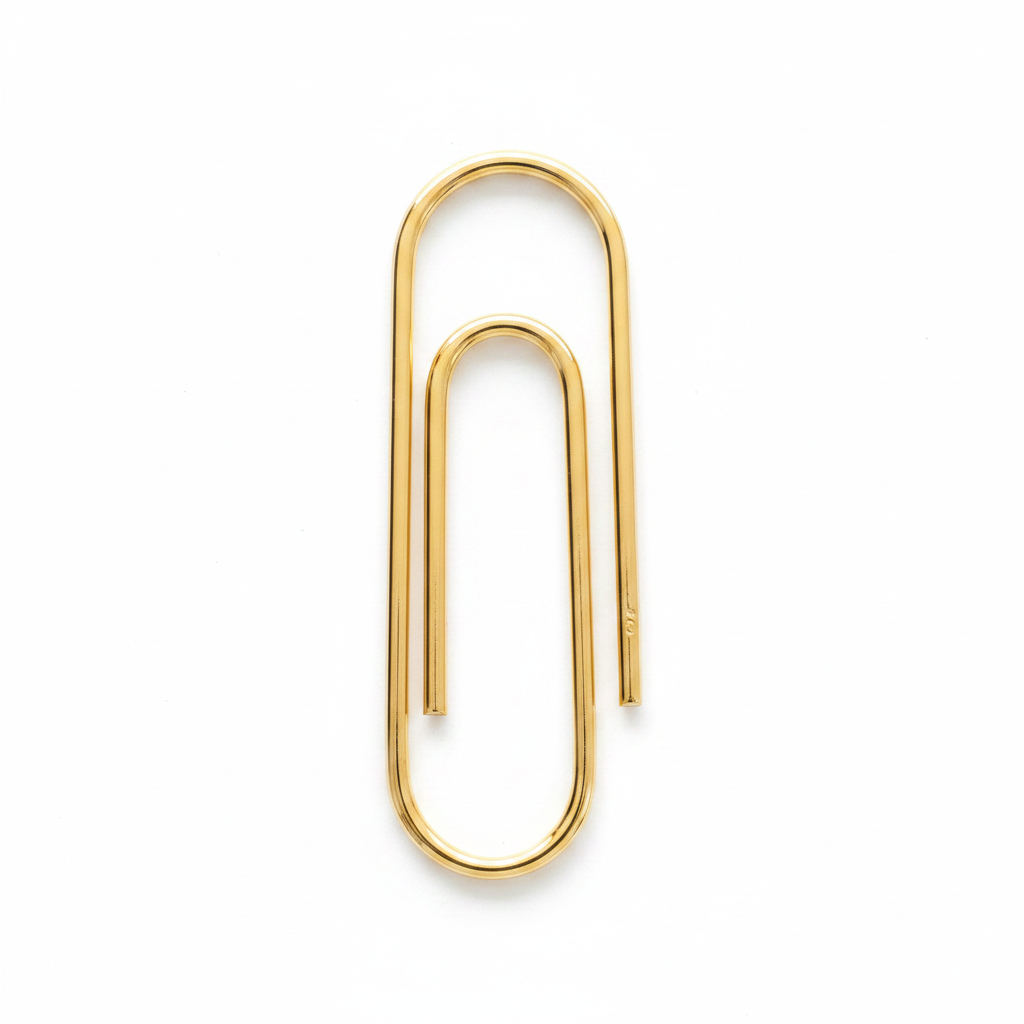 Sleek gold metal paperclip money clip with smooth rounded edges and minimalist design.