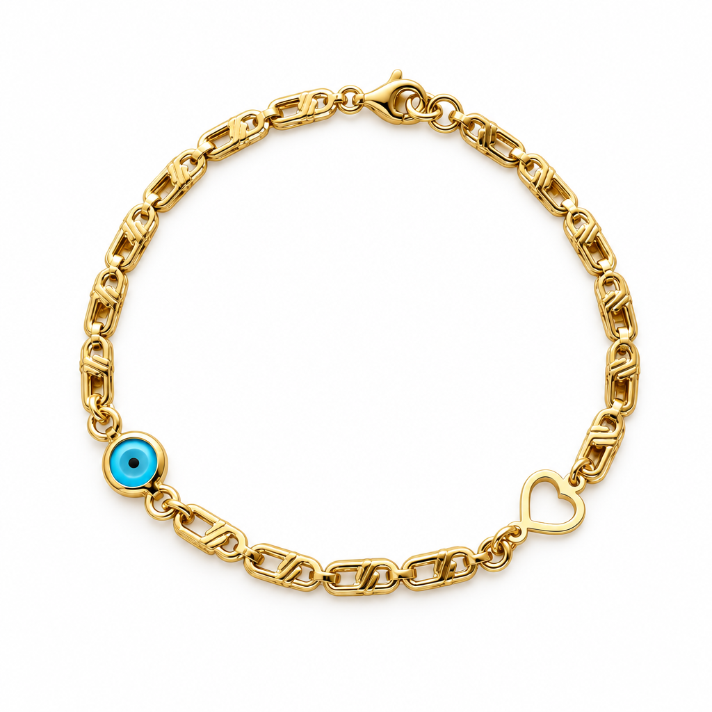 Delicate gold chain bracelet with blue evil eye charm and open-heart charm for baby.