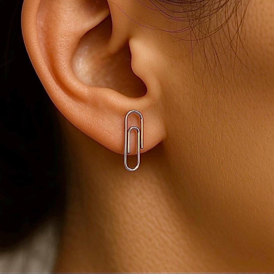 Minimalist Solid Rose Gold Paper Clip Stud Earring on Earlobe : Dainty Everyday Jewelry for Women 3/4'' - 24jewels