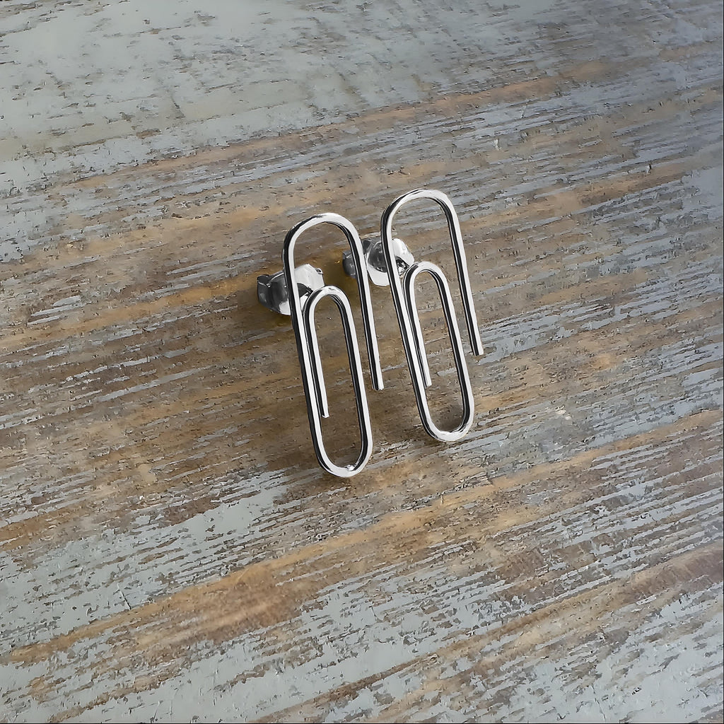 Minimalist Sterling Silver Paper Clip Stud Earrings on wooden background : Dainty Everyday Jewelry for Women 3/4'' - 24jewels