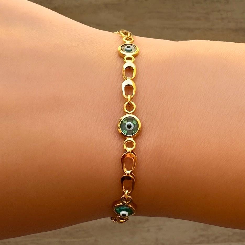 Sterling Silver Evil Eye Bracelet: Handmade Protection Jewelry Gold Plated - 24jewels