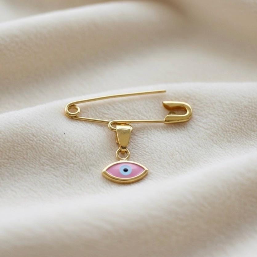 Sterling Silver Safety Pin Baby Brooch With Pink Evil Eye Charm - 24jewels