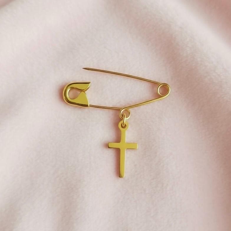 Sterling Silver Safety Pin Brooch with Cross Charm - 24jewels