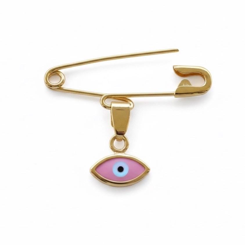 Sterling Silver Safety Pin Baby Brooch With Pink Evil Eye Charm - 24jewels