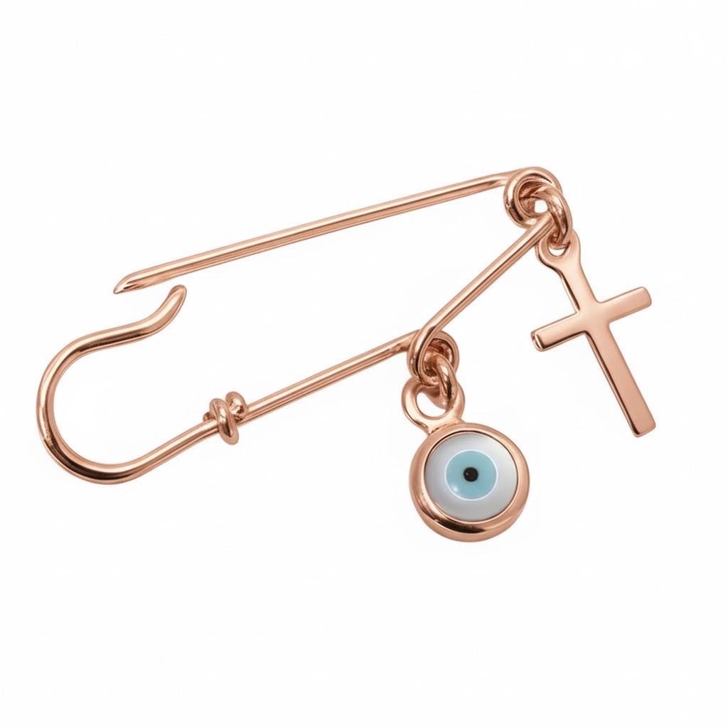Rose Gold Evil Eye Safety Pin Cross Brooch 1.25” on white background - 24jewels